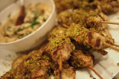Chicken Skewers - marinated with Lemon & Za'atar covered in pistachio dust